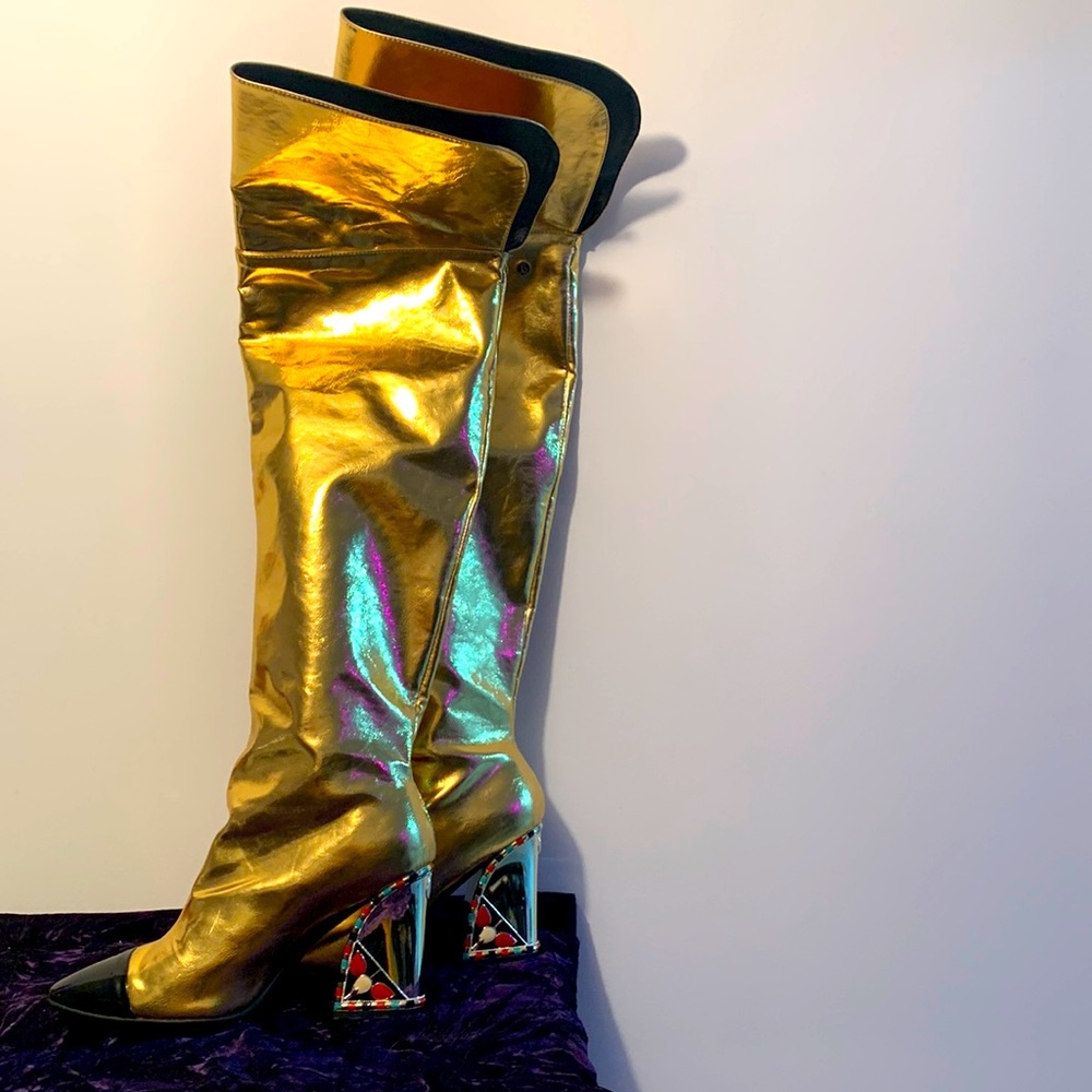 Gold Leather Knee-High GoGo Boots